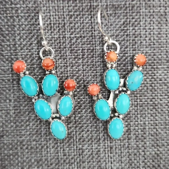 NWT Native American Navajo Turquoise Cactus Dangle Earrings 🩵🌵🧡 - Picture 10 of 12